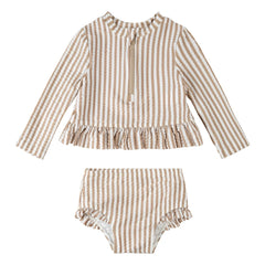 Petit Lem - Striped Seersucker UV Protection T-Shirt & Panties Set Recycled Fibers | Beige