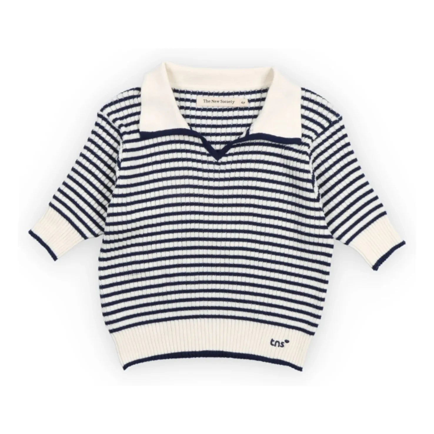the new society - Striped Knit Polo T-Shirt | Navy Blue