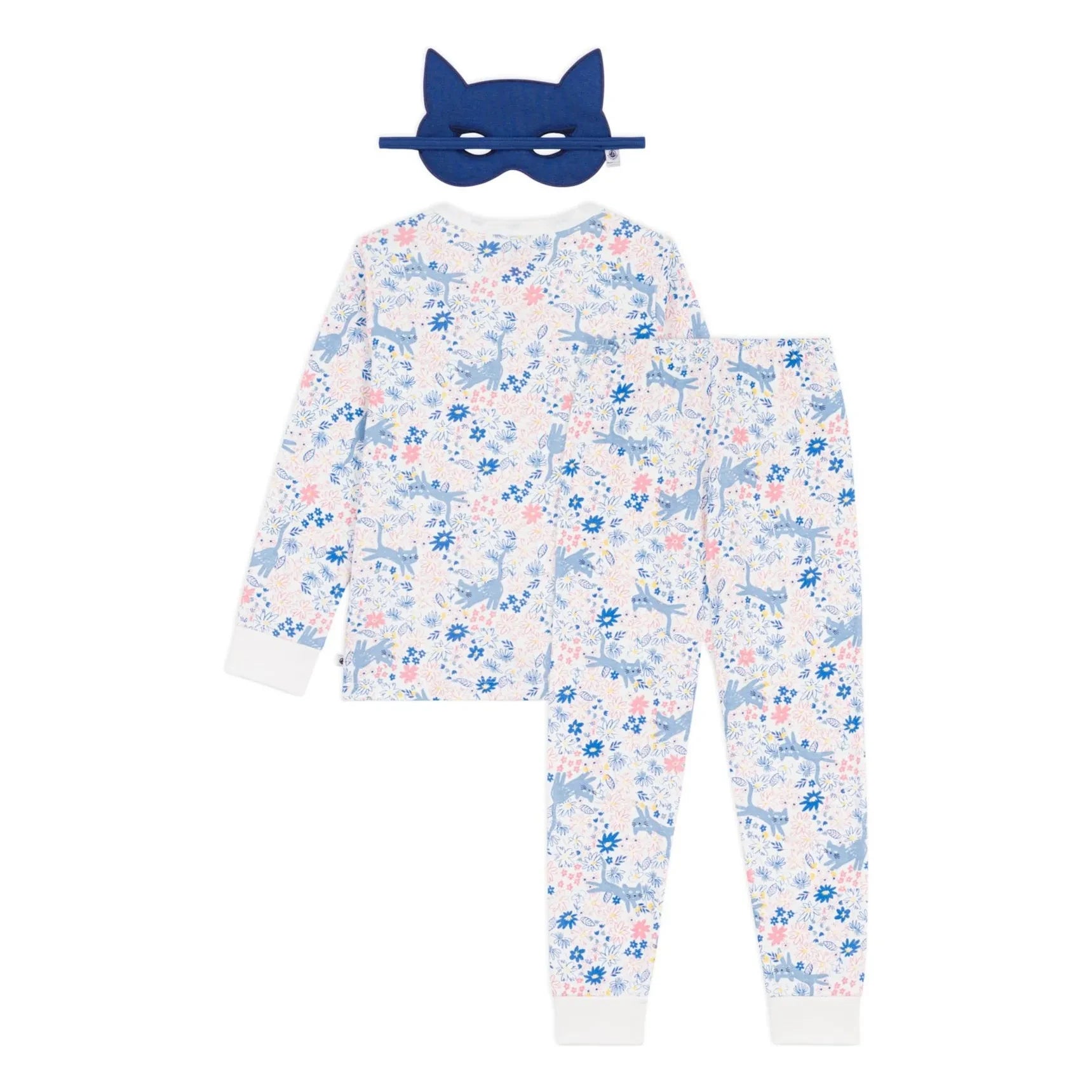 Petit Bateau - Organic Cotton Cat Masked and Floral Patterned Pajama Set | White