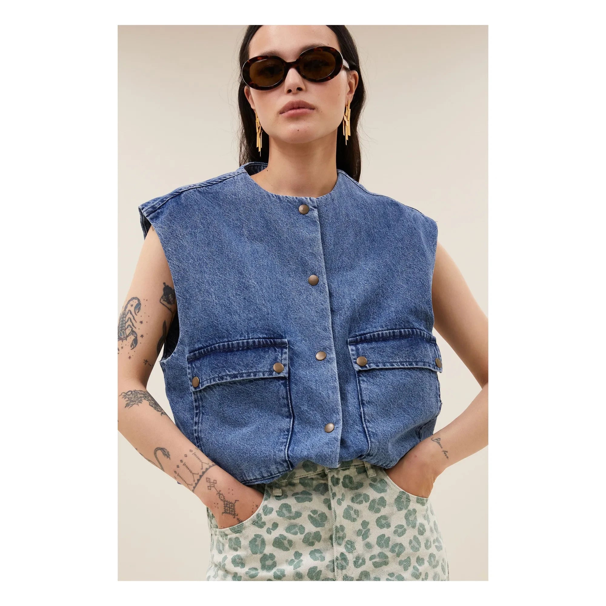 By Bar - Maggie Organic Cotton Denim Sleeveless Jacket | Denim Blue