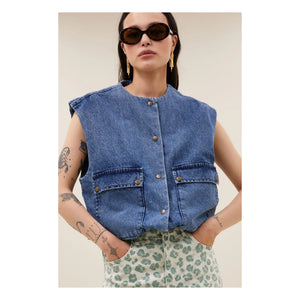 By Bar - Maggie Organic Cotton Denim Sleeveless Jacket | Denim Blue