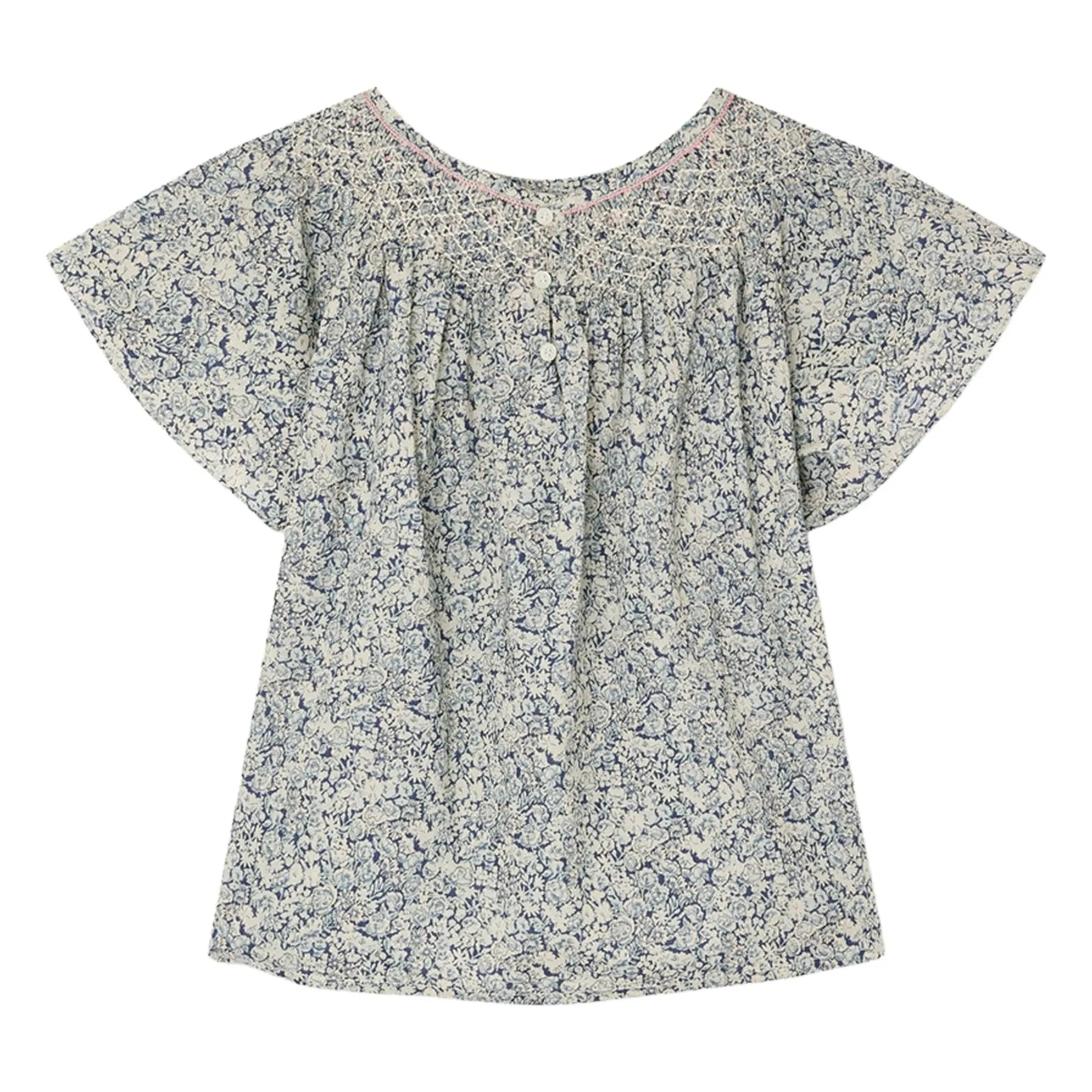 Bonpoint - Nella Fleurie Organic Cotton Gathered Blouse | Prussian Blue
