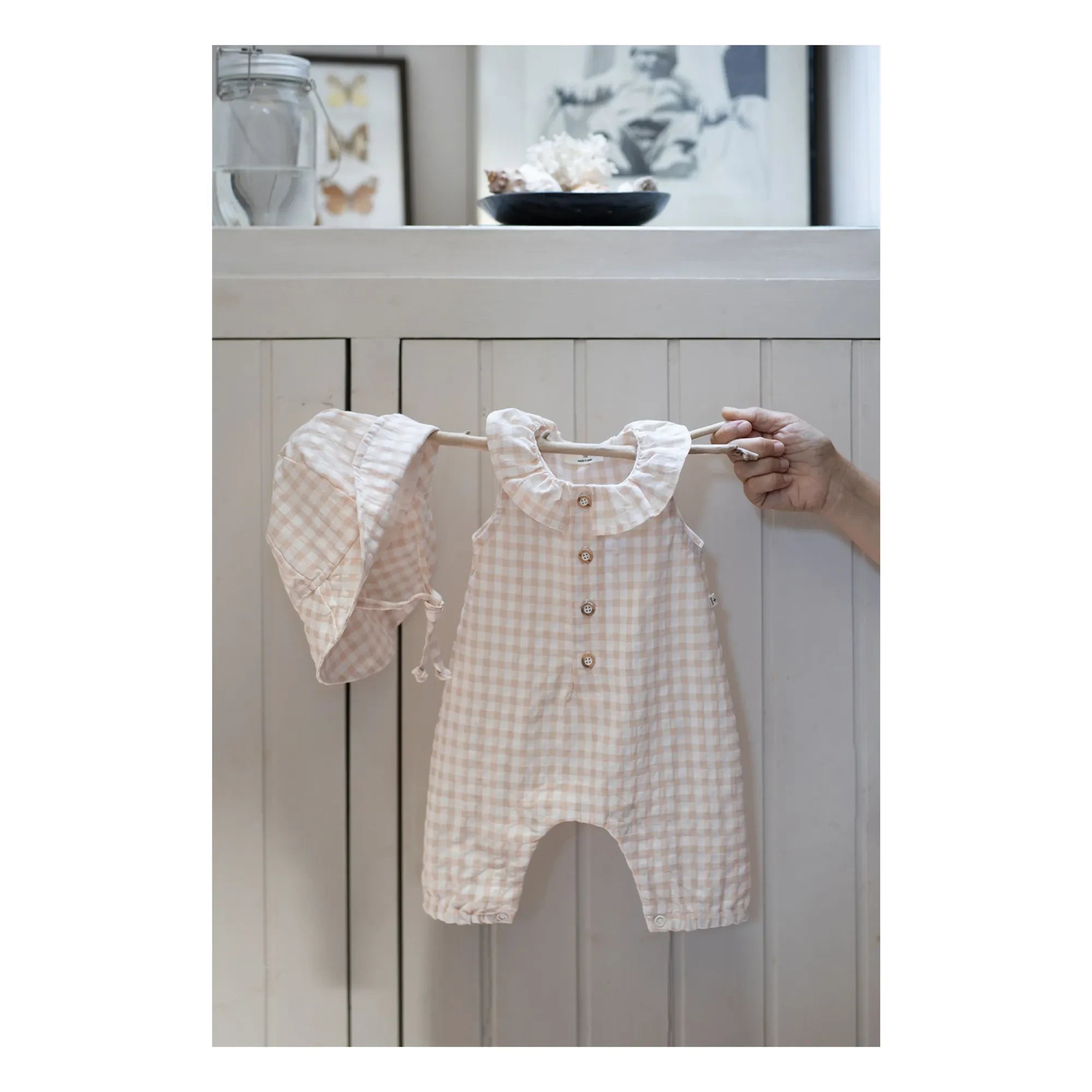 1+ in the family - Egina Vichy Seersucker Romper | Beige Pink