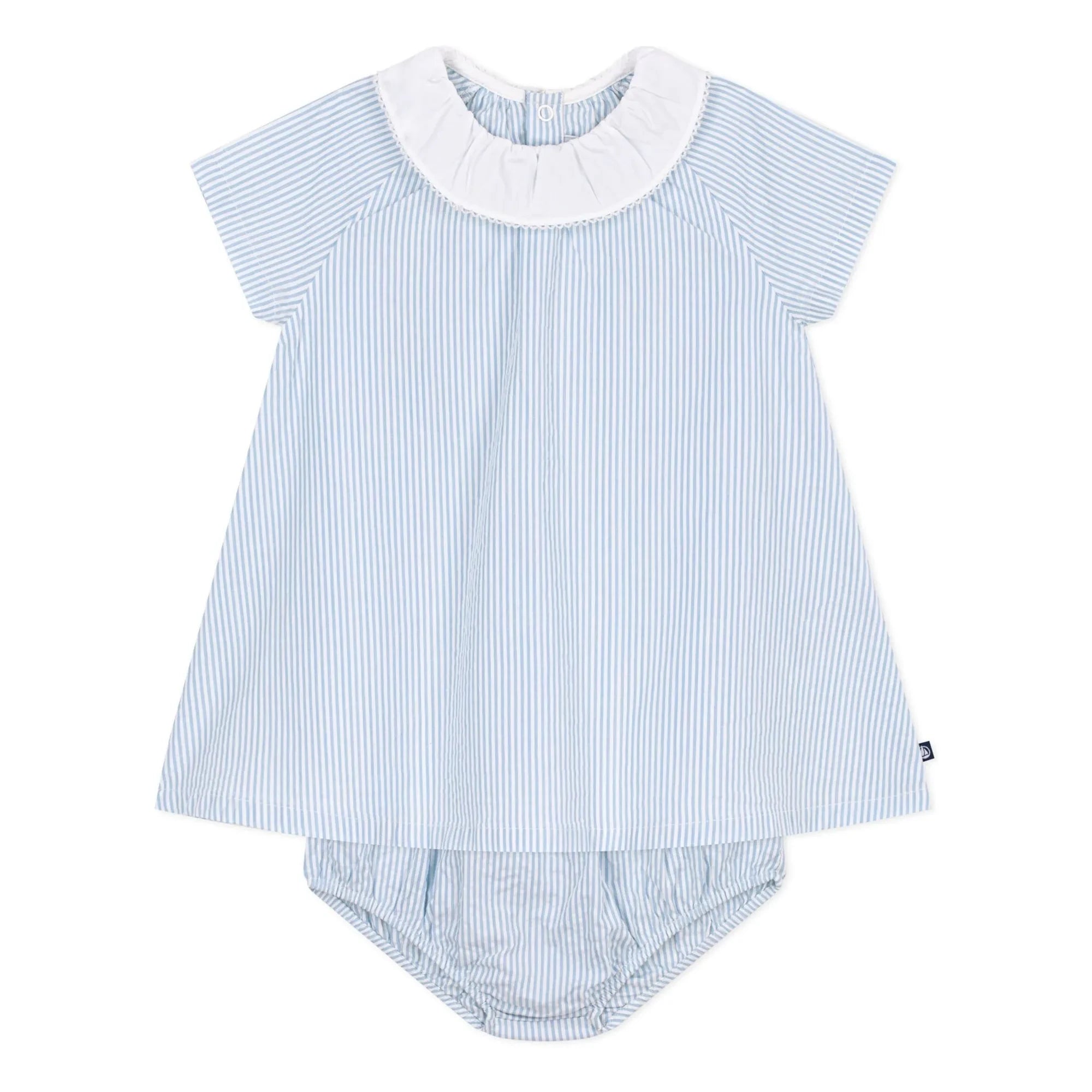 Petit Bateau - Striped Seersucker Organic Cotton Collar and Bloomer Dress Set | Blue