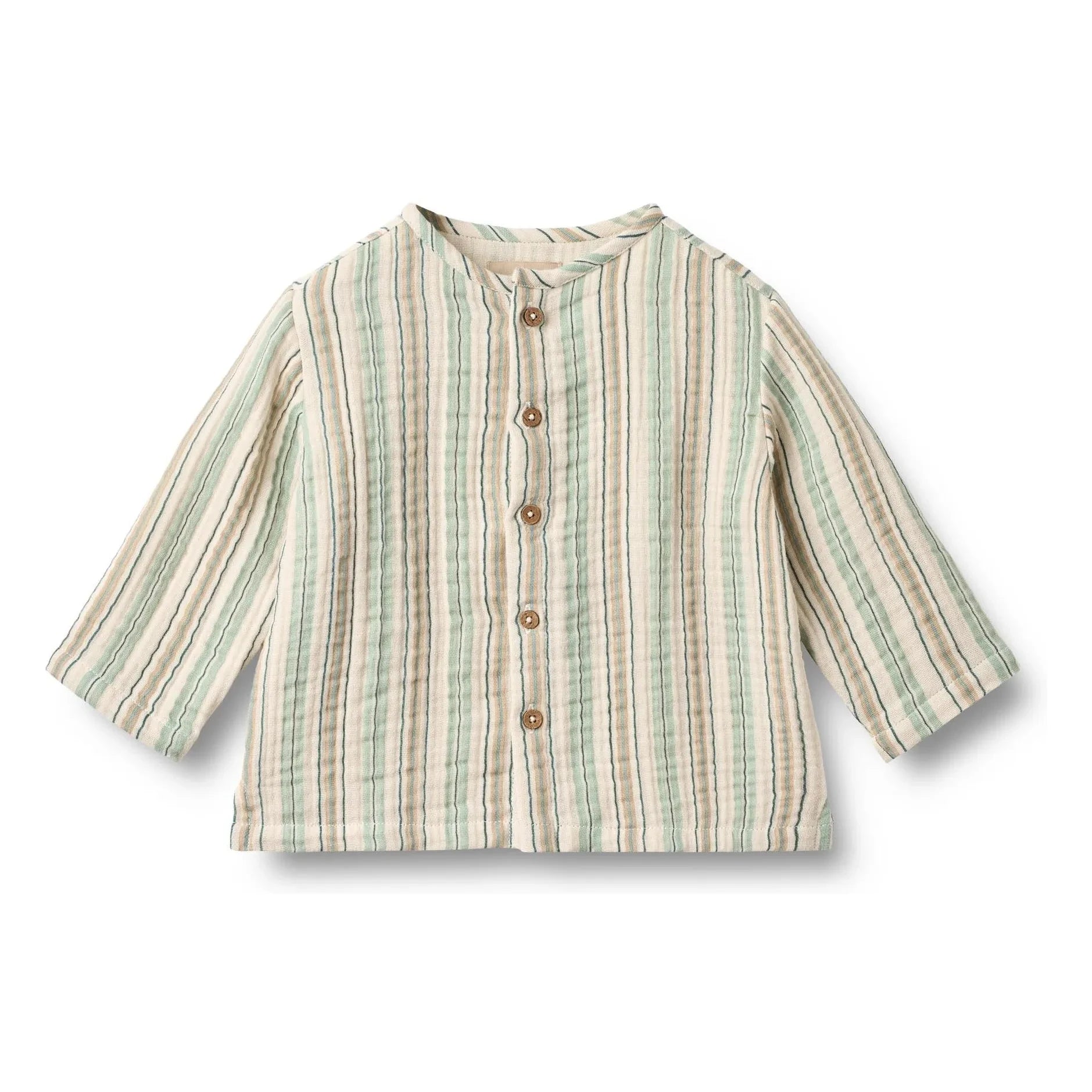 Wheat - Striped Organic Cotton Mao Collar Shirt | Light green