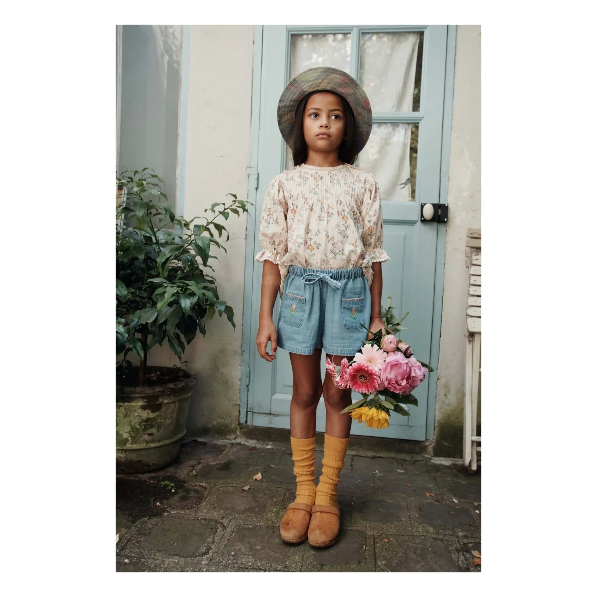 Emile et Ida - Ruffled Puffy Floral Blouse Organic Cotton | Pale Pink
