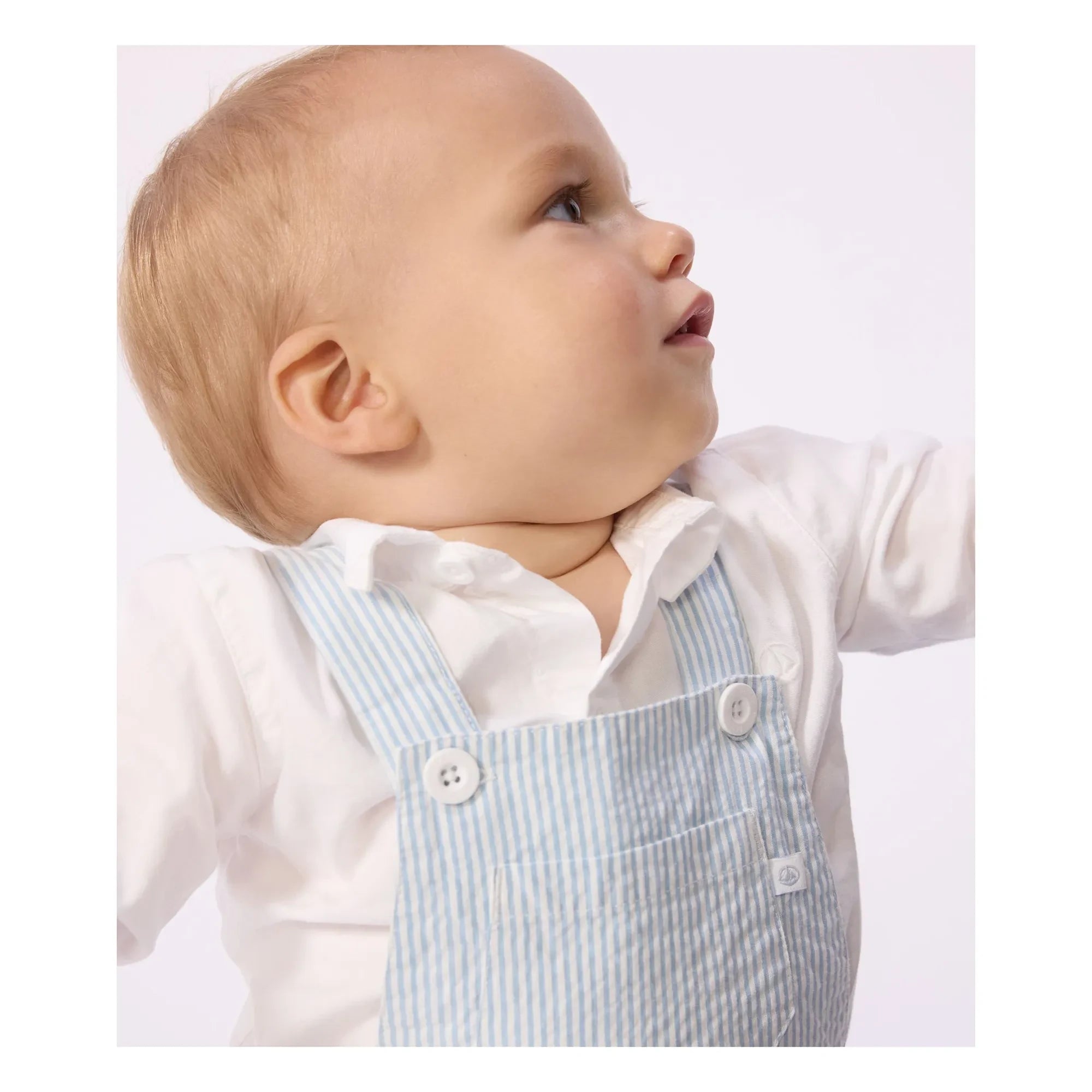 Petit Bateau - Striped Seersucker Organic Cotton Short Overalls | Light Blue