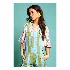 Favorite People - Ravioli Striped Short Overalls - Women's Collection | Olive