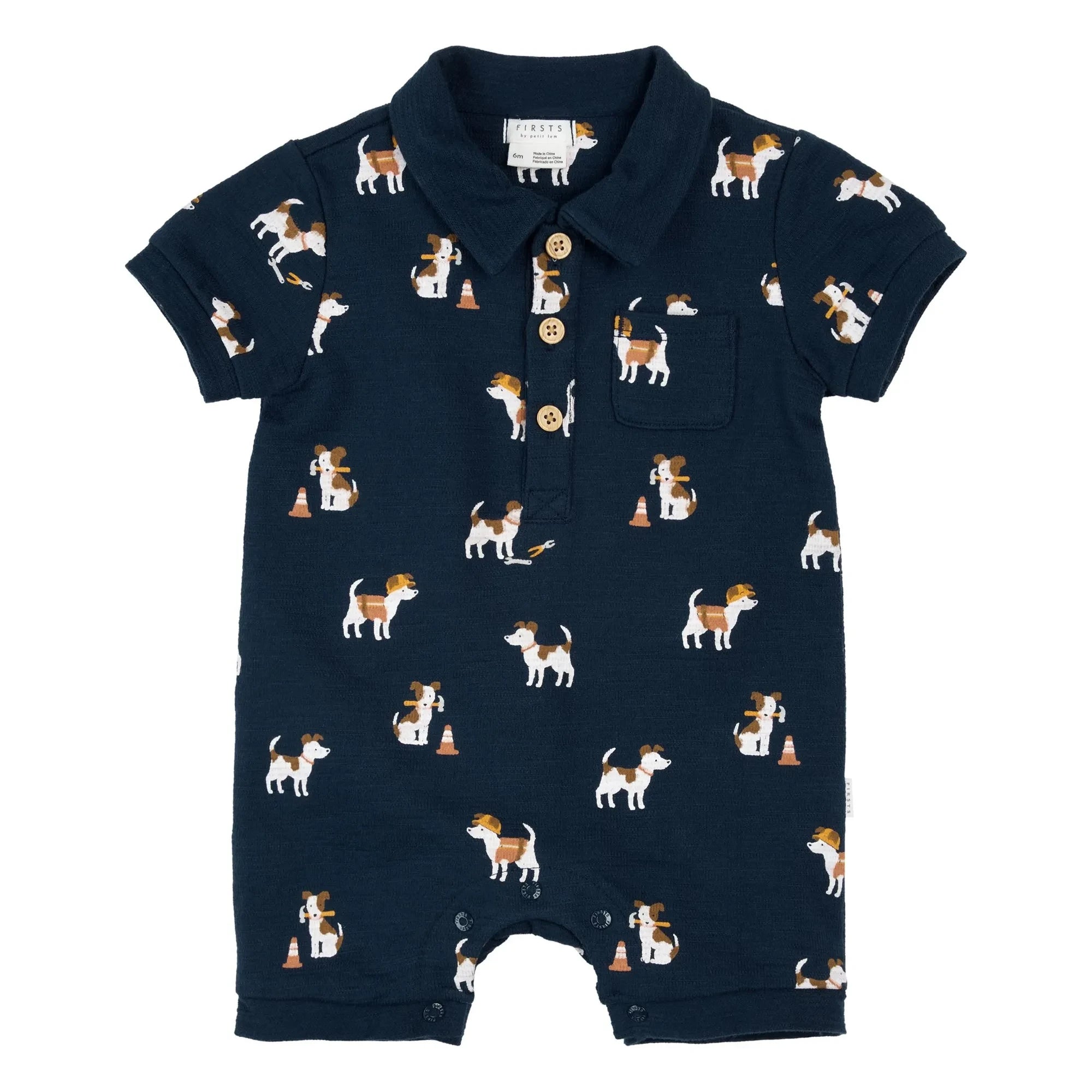 Petit Lem - Organic Cotton Towel Dogs Romper | Navy Blue