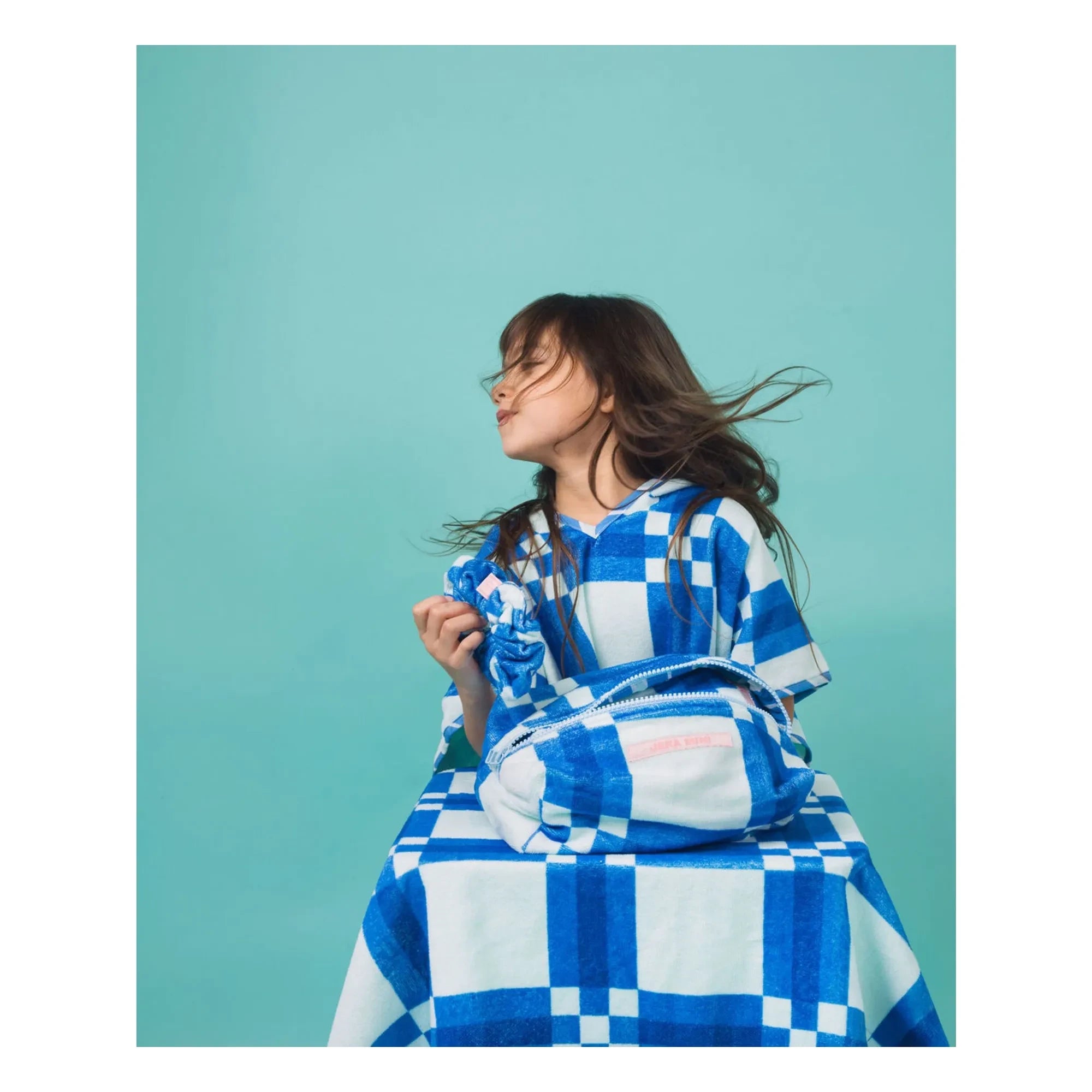 Jera Mini - Square Patterned Towel Poncho | Blue