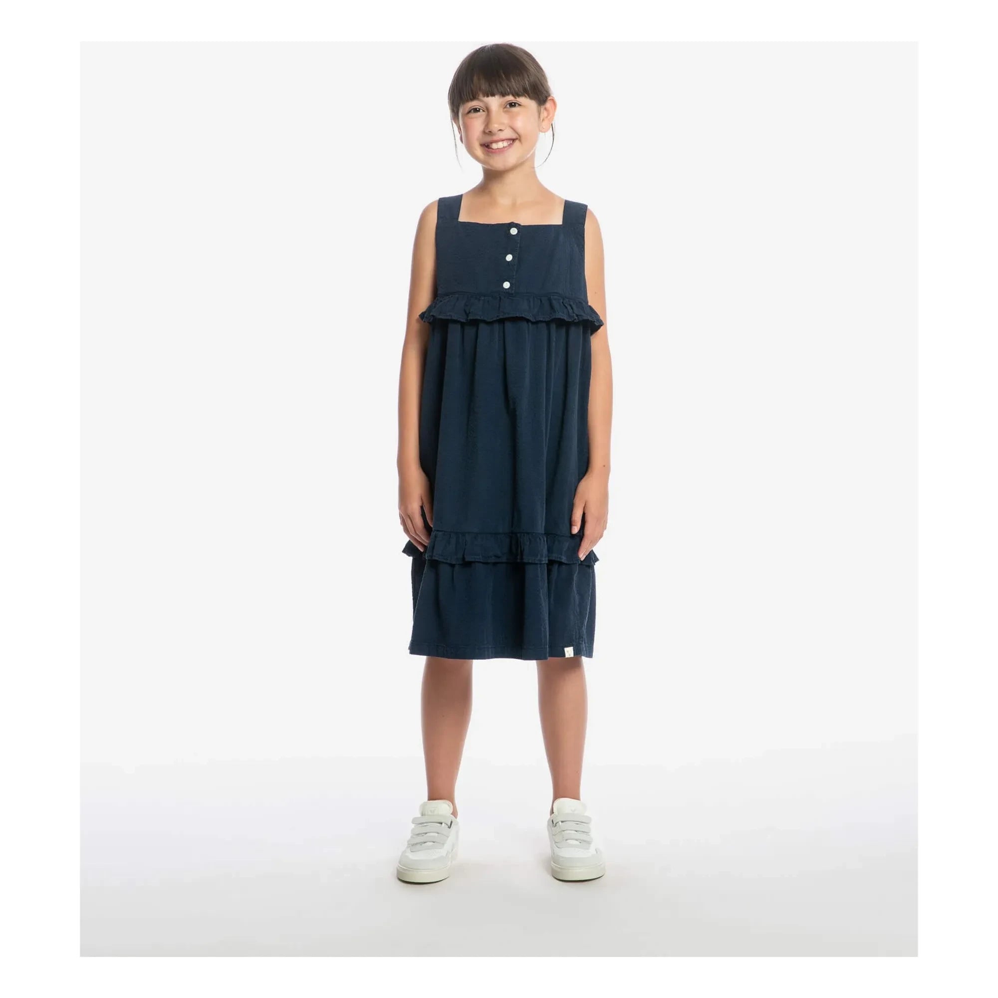 Matona - Mi-Long Ruffle Dress Organic Cotton | Navy Blue