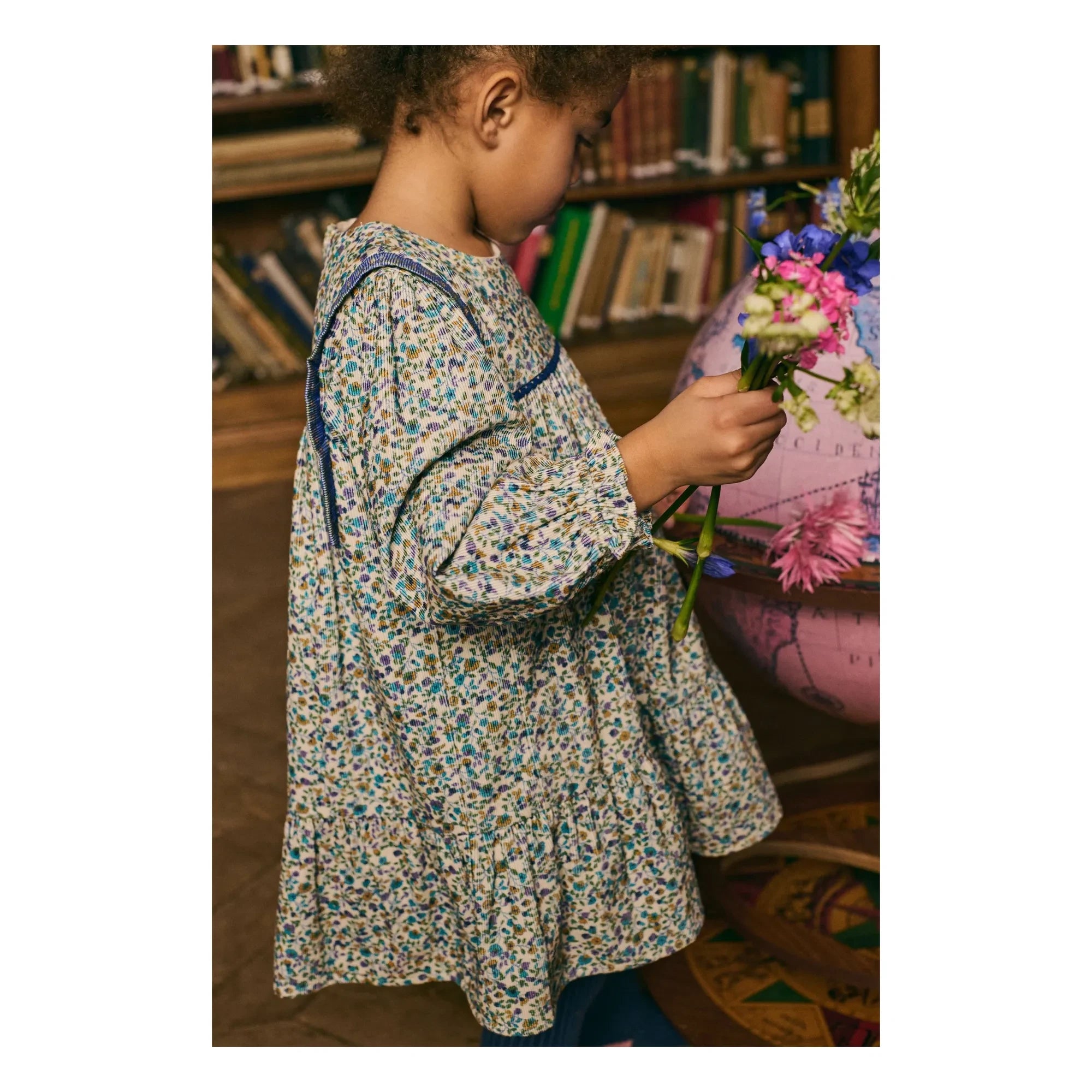 Louise Misha - Isatys Dress with Floral Pattern in Thin Velvet | Blue