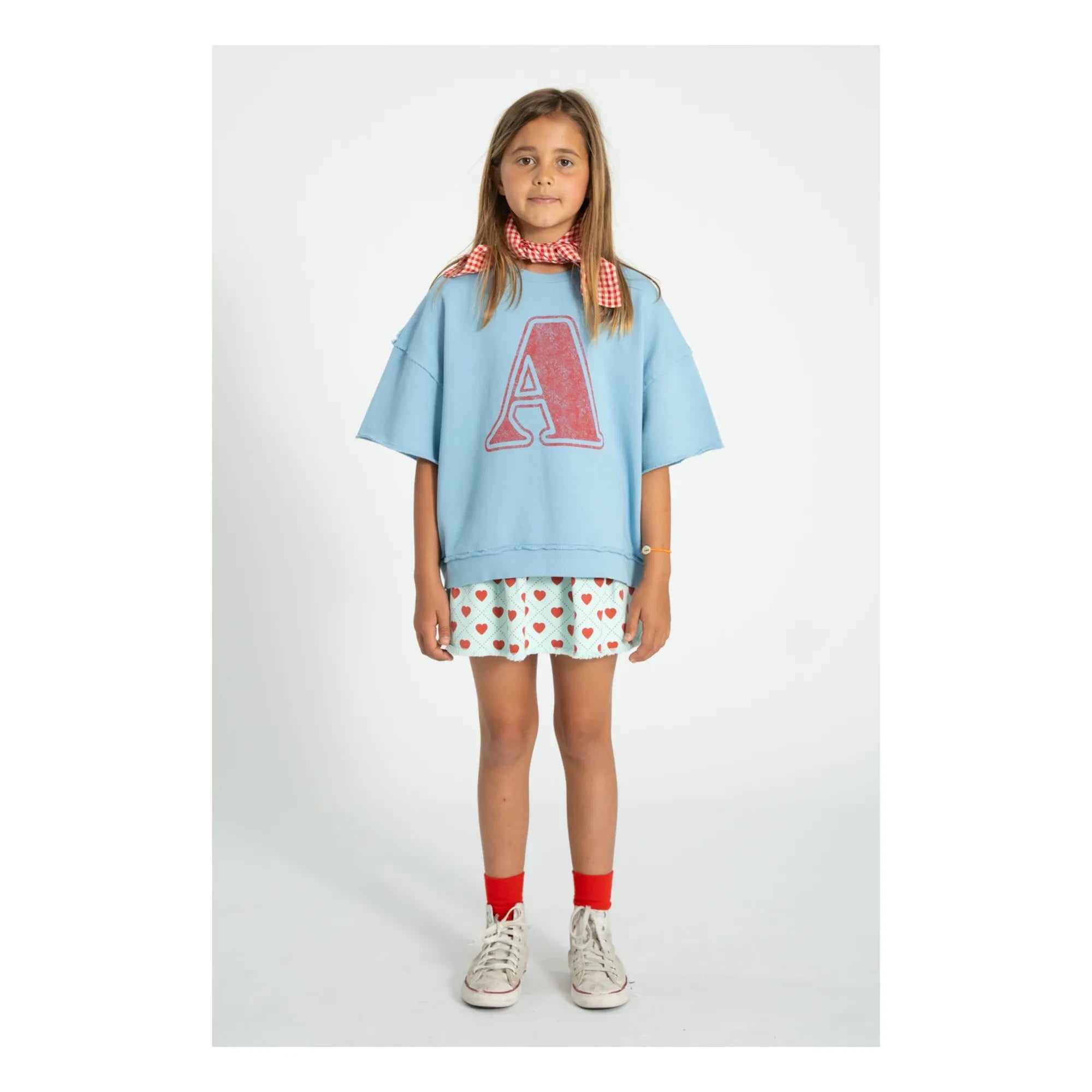 Piupiuchick - Short-sleeved Letter A Organic Cotton Sweatshirt | Light Blue