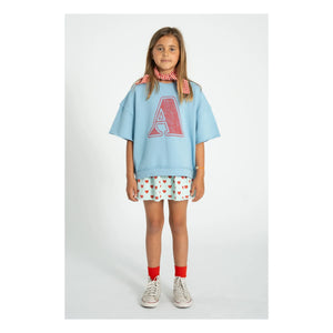 Piupiuchick - Short-sleeved Letter A Organic Cotton Sweatshirt | Light Blue
