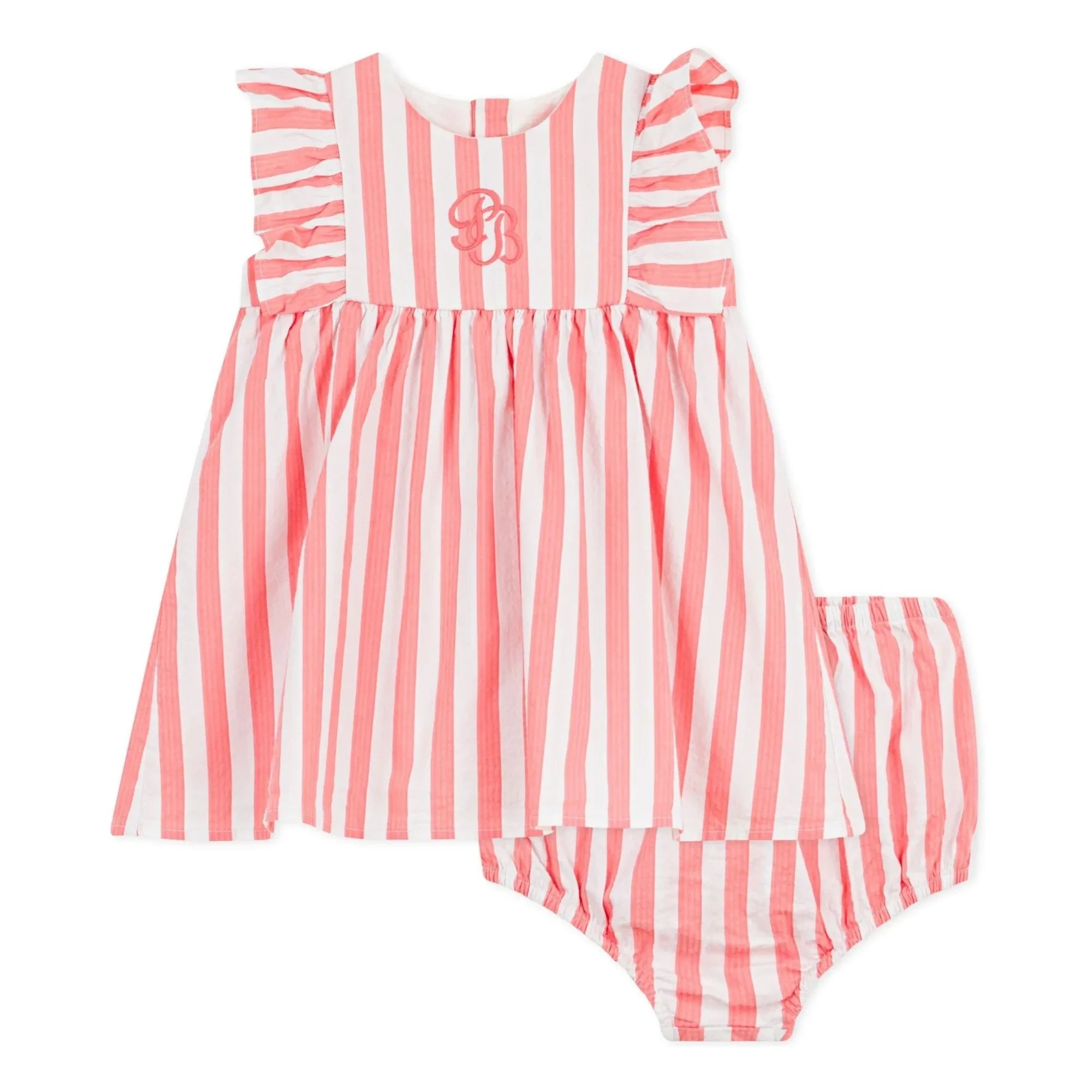 Petit Bateau - Striped Seersucker Organic Cotton Dress & Bloomer Set | Coral