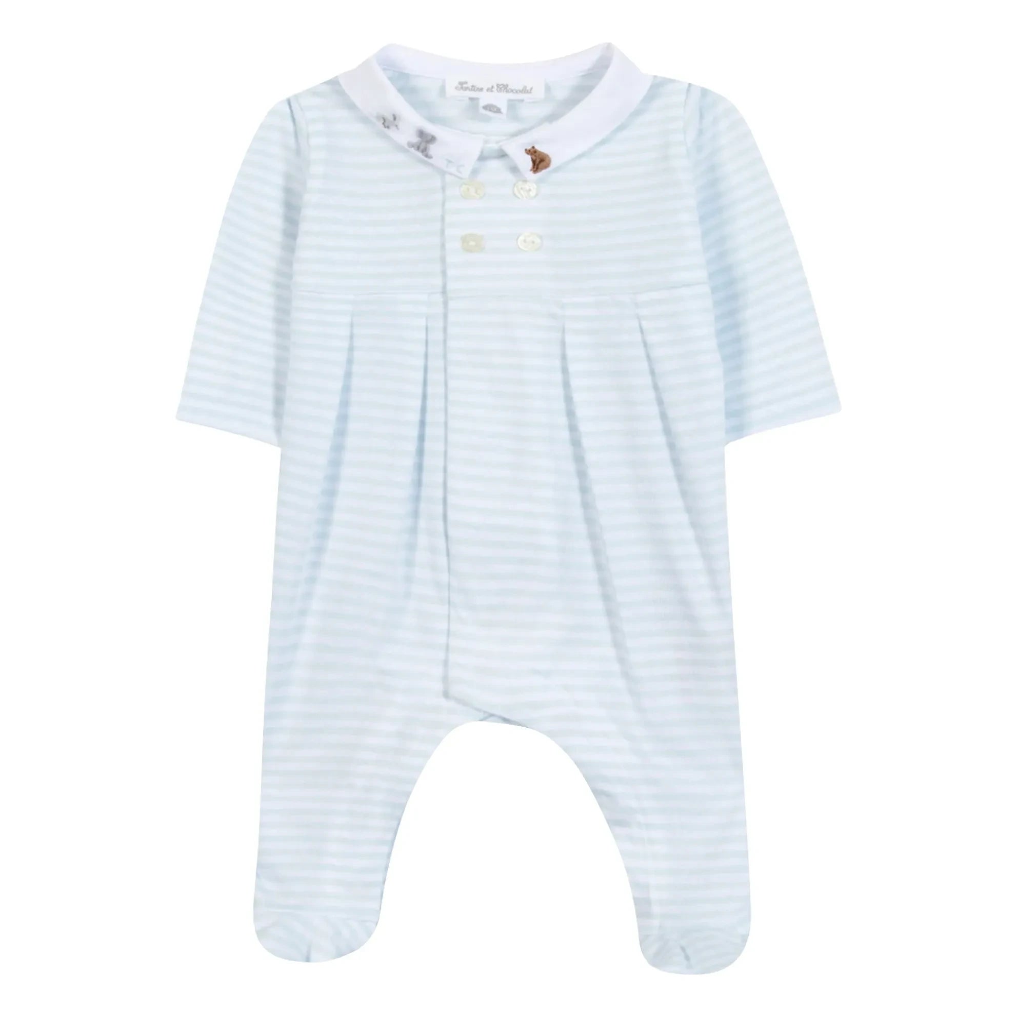 Tartine et Chocolat - Striped Animal Print Collared Pajamas | Light blue