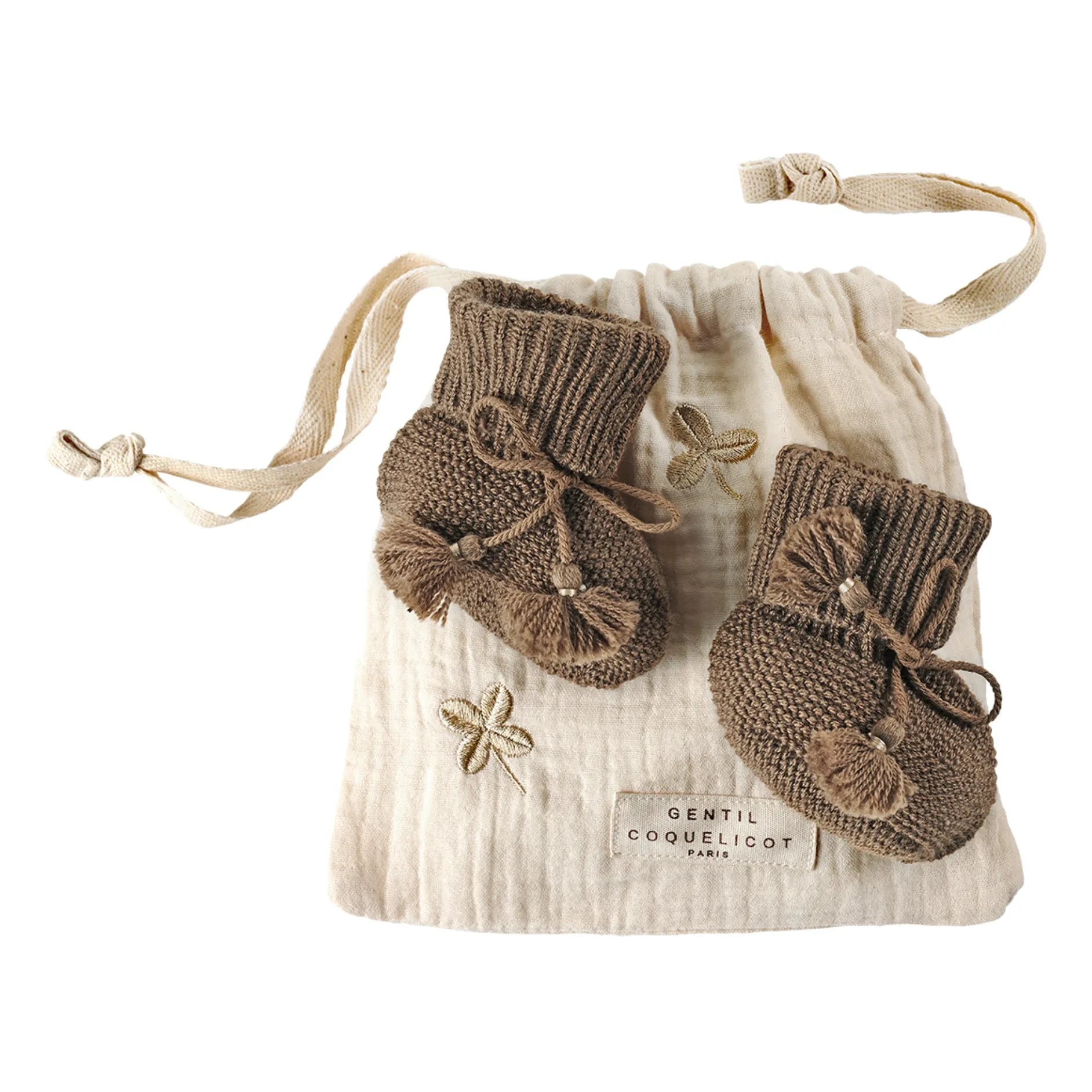 Gentil Coquelicot - Knitted Slippers and Embroidered Pouch | Chocolate