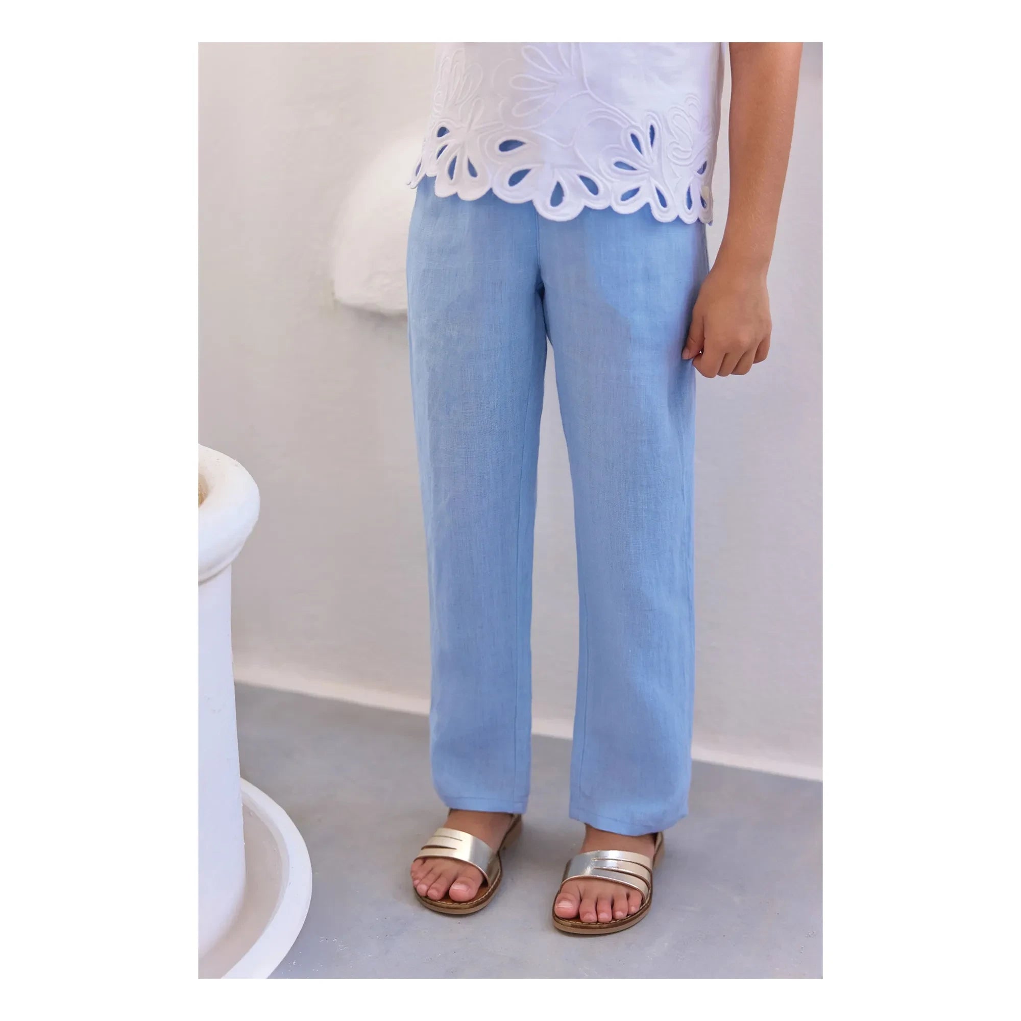 Tartine et Chocolat - Linen Ruffle Pants with Pockets | Light blue
