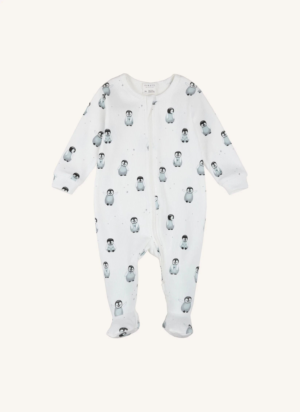 Petit Lem - Organic Cotton Ribbed Penguin Print Footed Pajamas | Ecru