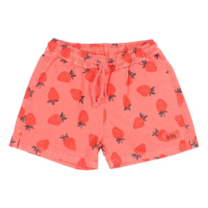 Búho - Strawberry Patterned Poplin Organic Cotton Swimsuit Shorts | Pale Red