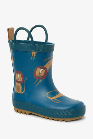 Dinossi - Boy Navy Blue Sweet Lion Rain Boots with Handles - 28 