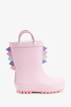 Dinossi - Pink Dinosaur Soft Sole Girl Polar Fleece Rain and Winter Boots with Handles - 30.5