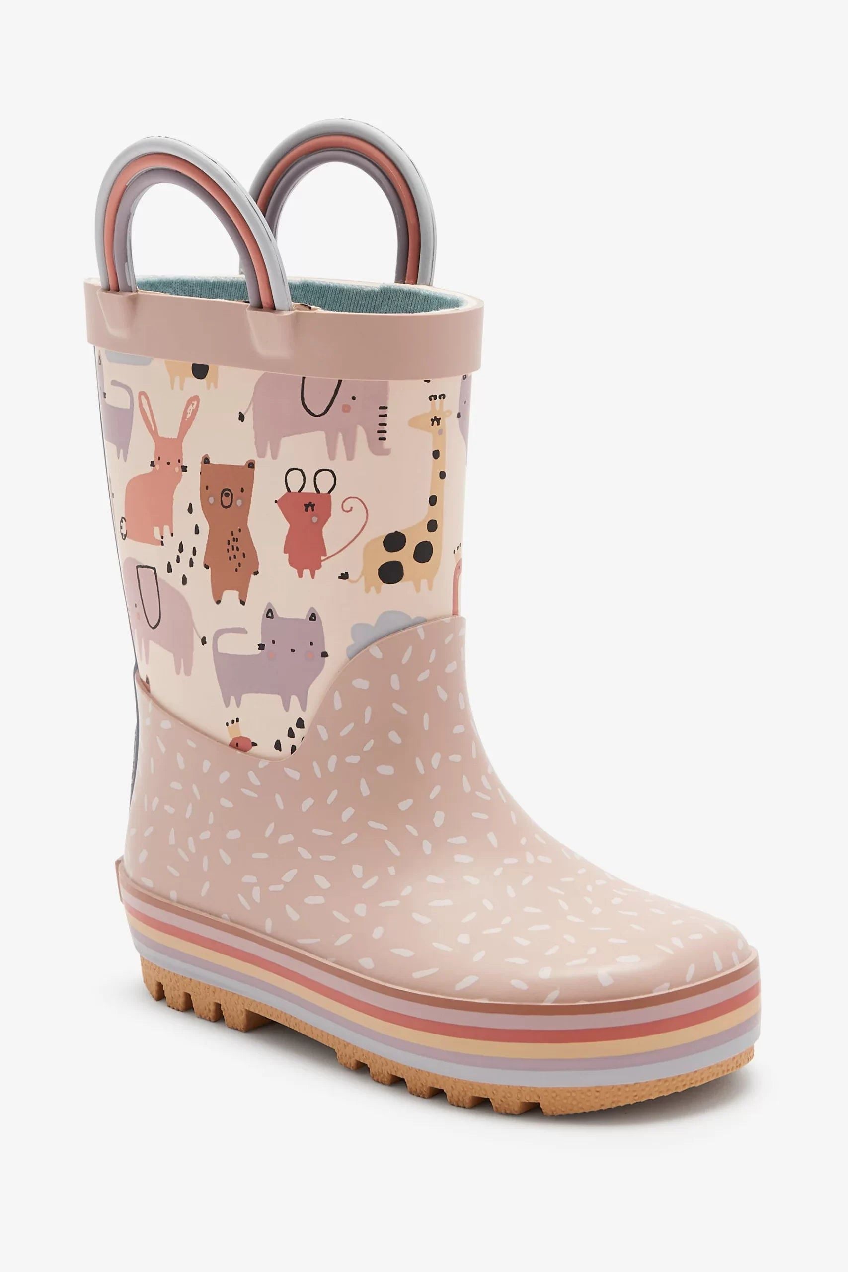 Dinossi - Soft Pink Cute Animals Girls Rain Boots with Handles - 25.5 