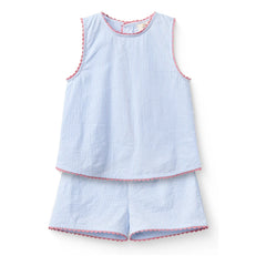 Copenhagen Colors - Striped Seersucker Organic Cotton Wavy Edge Top and Shorts Set | Light blue