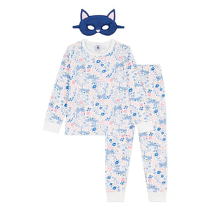 Petit Bateau - Organic Cotton Cat Masked and Floral Patterned Pajama Set | White