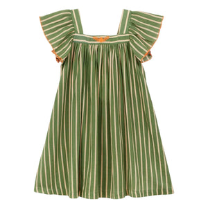 Arsène et Les Pipelettes - Striped Ruffled Dress Organic Cotton Voile | Khaki