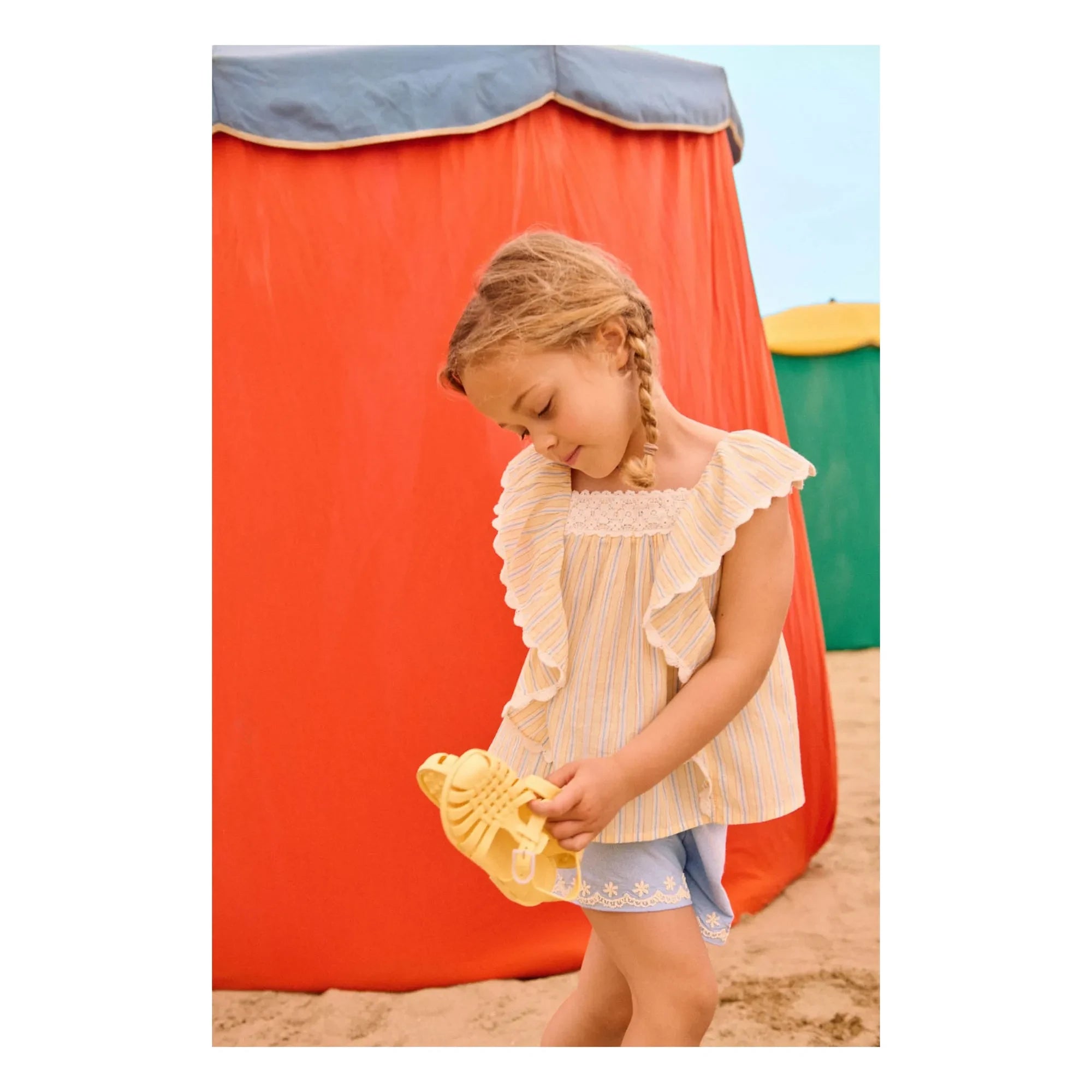 Louise Misha - Gia Striped Organic Cotton Ruffled Top | Yellow
