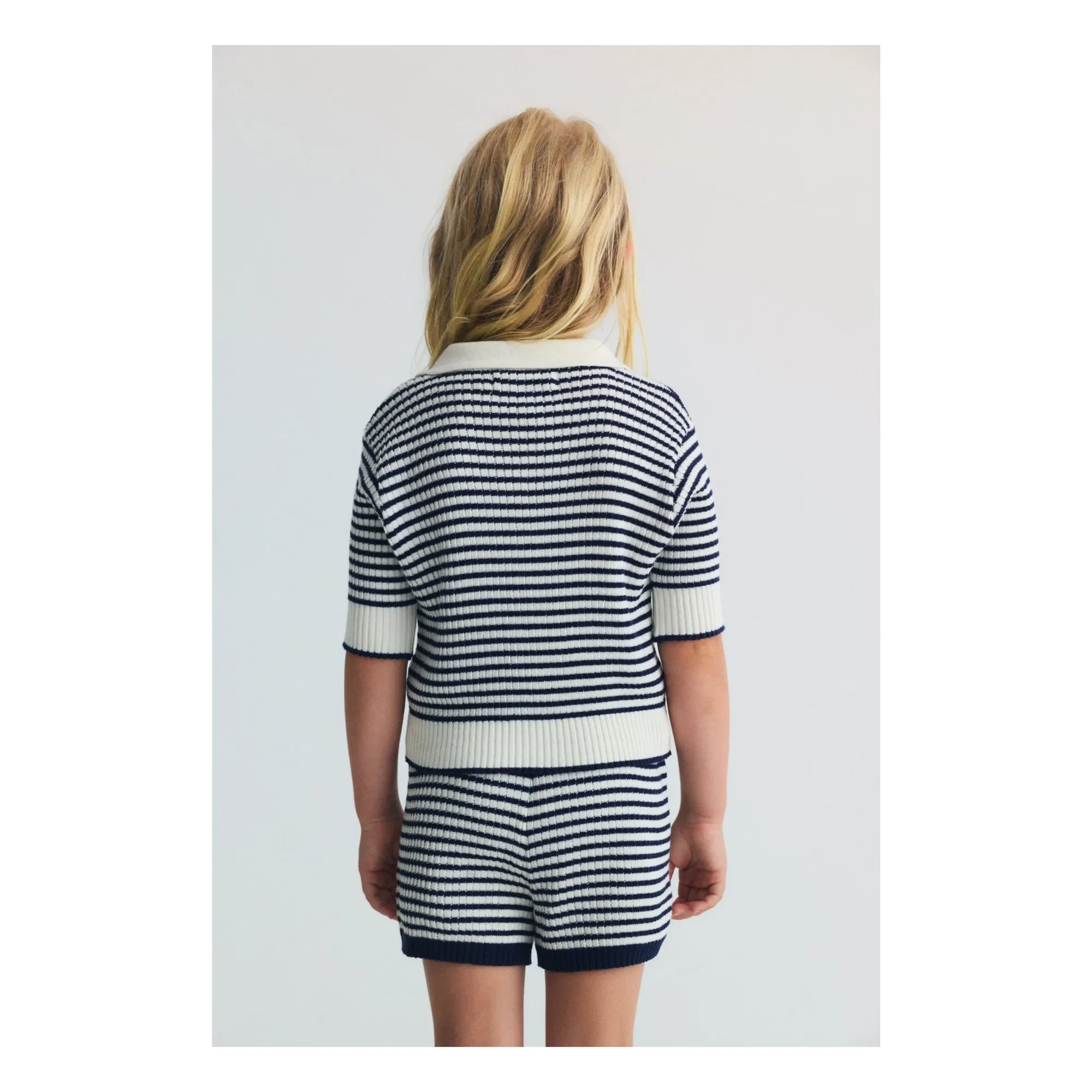 the new society - Striped Knit Polo T-Shirt | Navy Blue