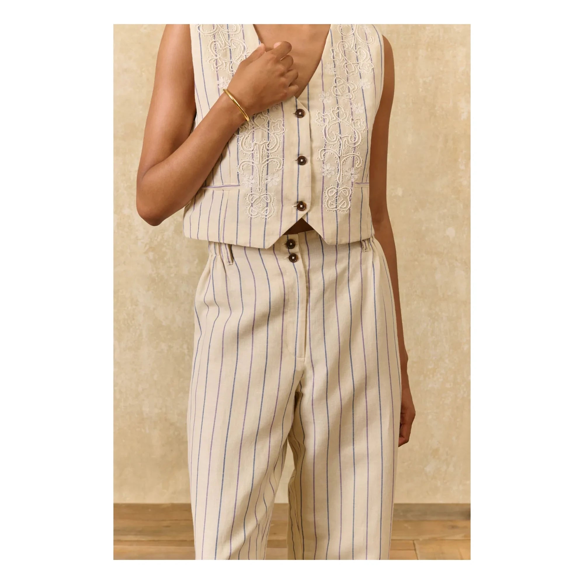 Louise Misha - Abuela Striped Linen and Cotton Pants | Cream