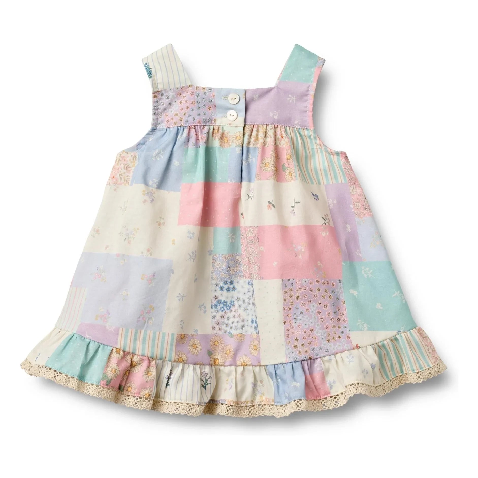 Wheat - Ayla Patchwork Organik Pamuklu Fırfırlı Elbise | Soluk sarı