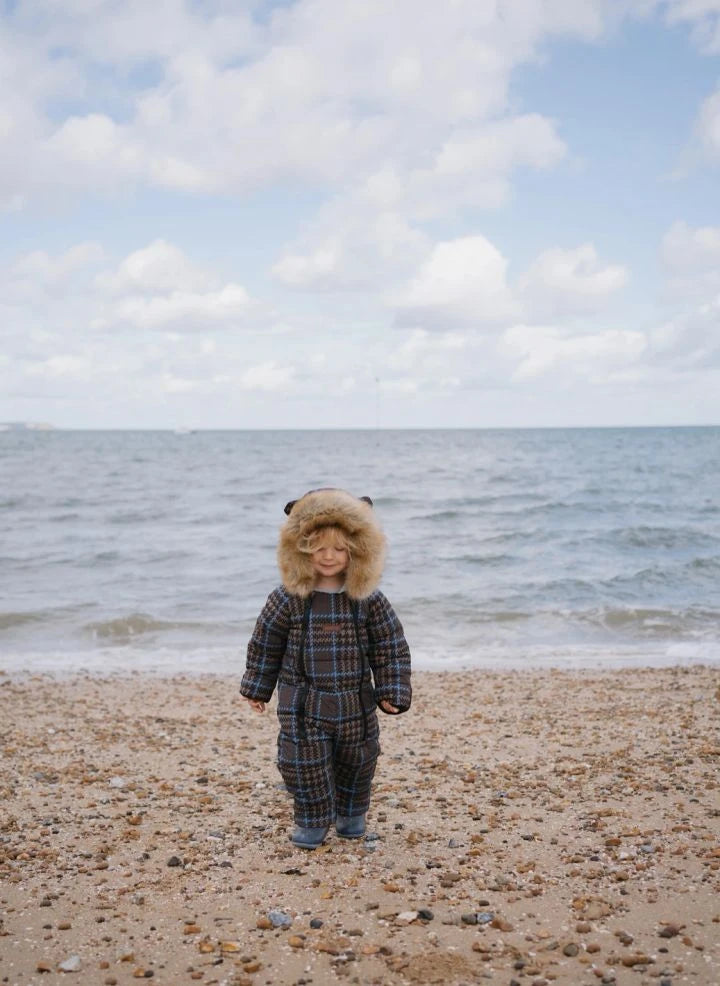Töastie - Waterproof Faux Fur Hooded Cloud Jacket, Recycled Fiber Plaid Pattern | Blue