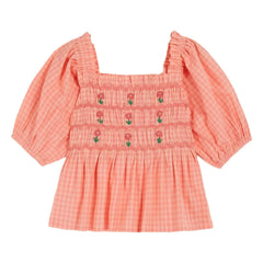Emile et Ida - Embroidered Checked Drawstring Blouse | Peach