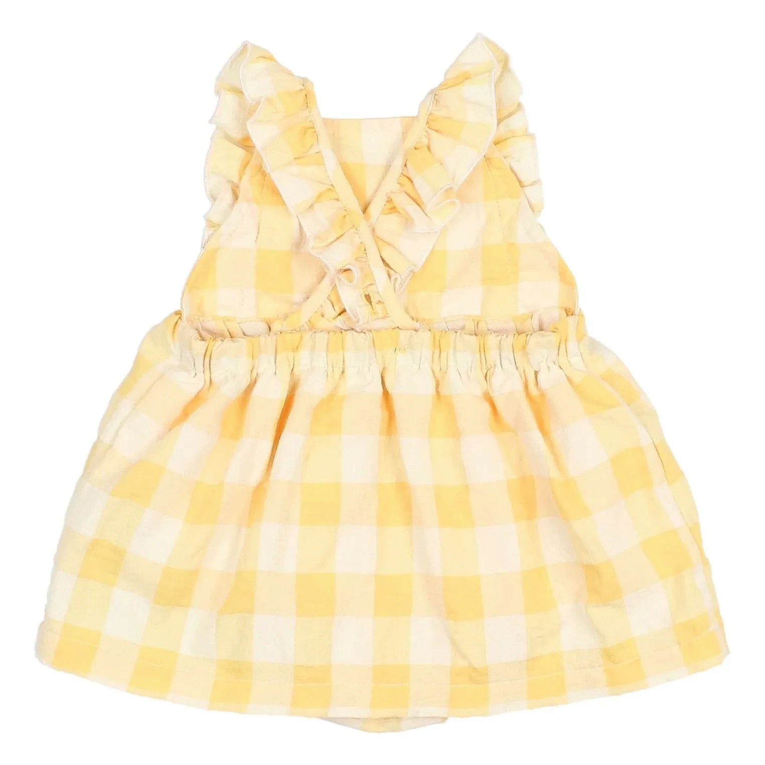 Búho - Gingham Fırfırlı Seersucker Organik Pamuklu Tulum Elbise | Sarı