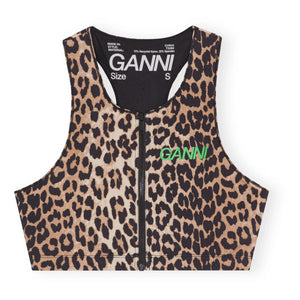 Ganni - Recycled Material Zip-Front Printed Racer Back Top | Leopard