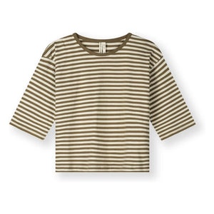 Gray Label - 3/4 Sleeve Striped Organic Cotton T-Shirt | Khaki Brown