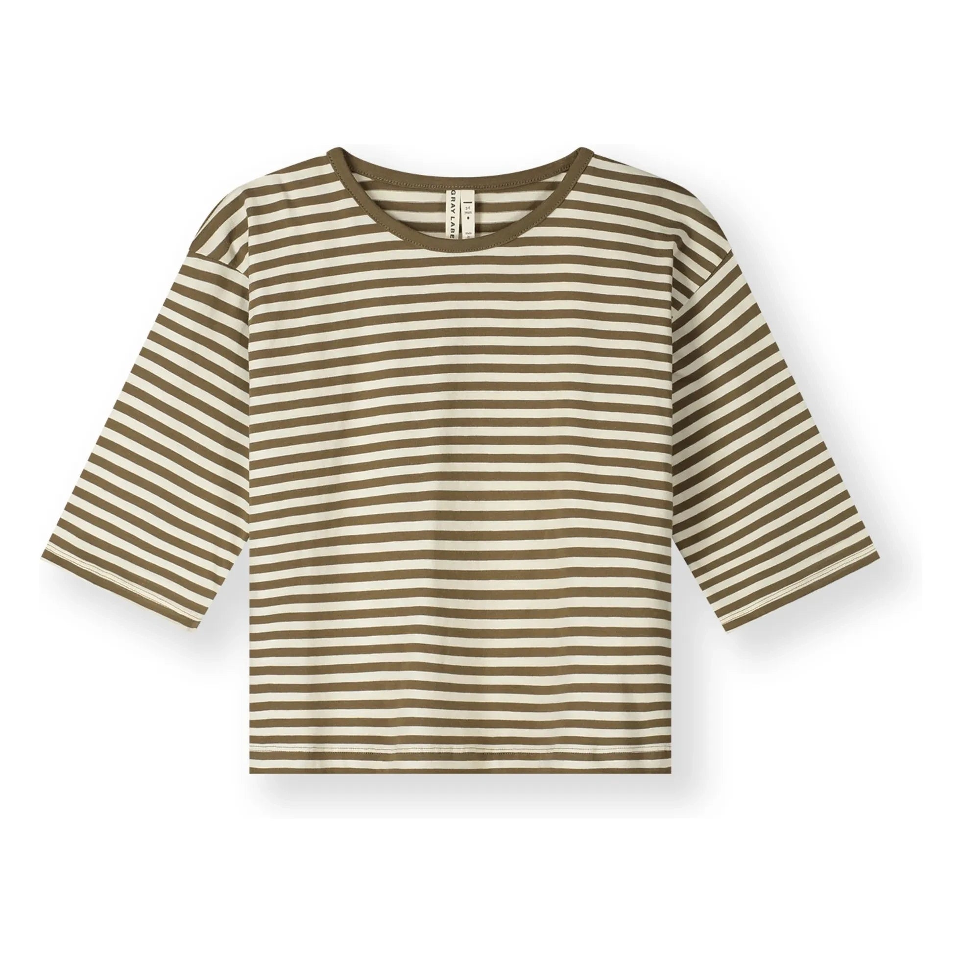 Gray Label - 3/4 Sleeve Striped Organic Cotton T-Shirt | Khaki Brown