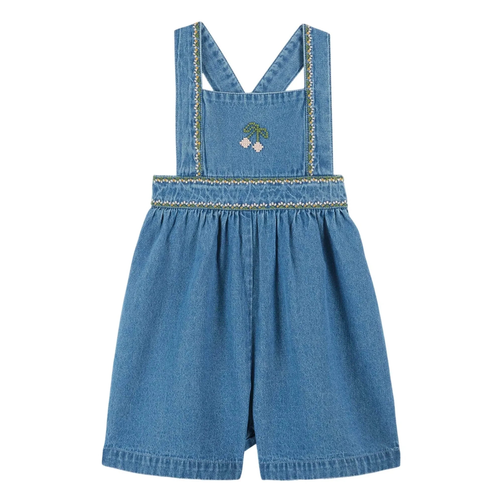 Emile et Ida - Short Denim Embroidered Cherry Romper | Blue