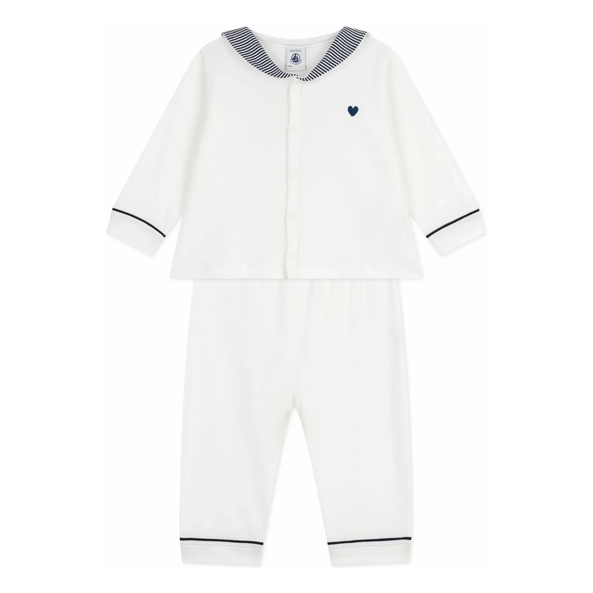 Petit Bateau - Çizgili Yaka Organik Pamuk Pijama | Beyaz