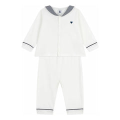 Petit Bateau - Çizgili Yaka Organik Pamuk Pijama | Beyaz