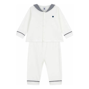 Petit Bateau - Çizgili Yaka Organik Pamuk Pijama | Beyaz