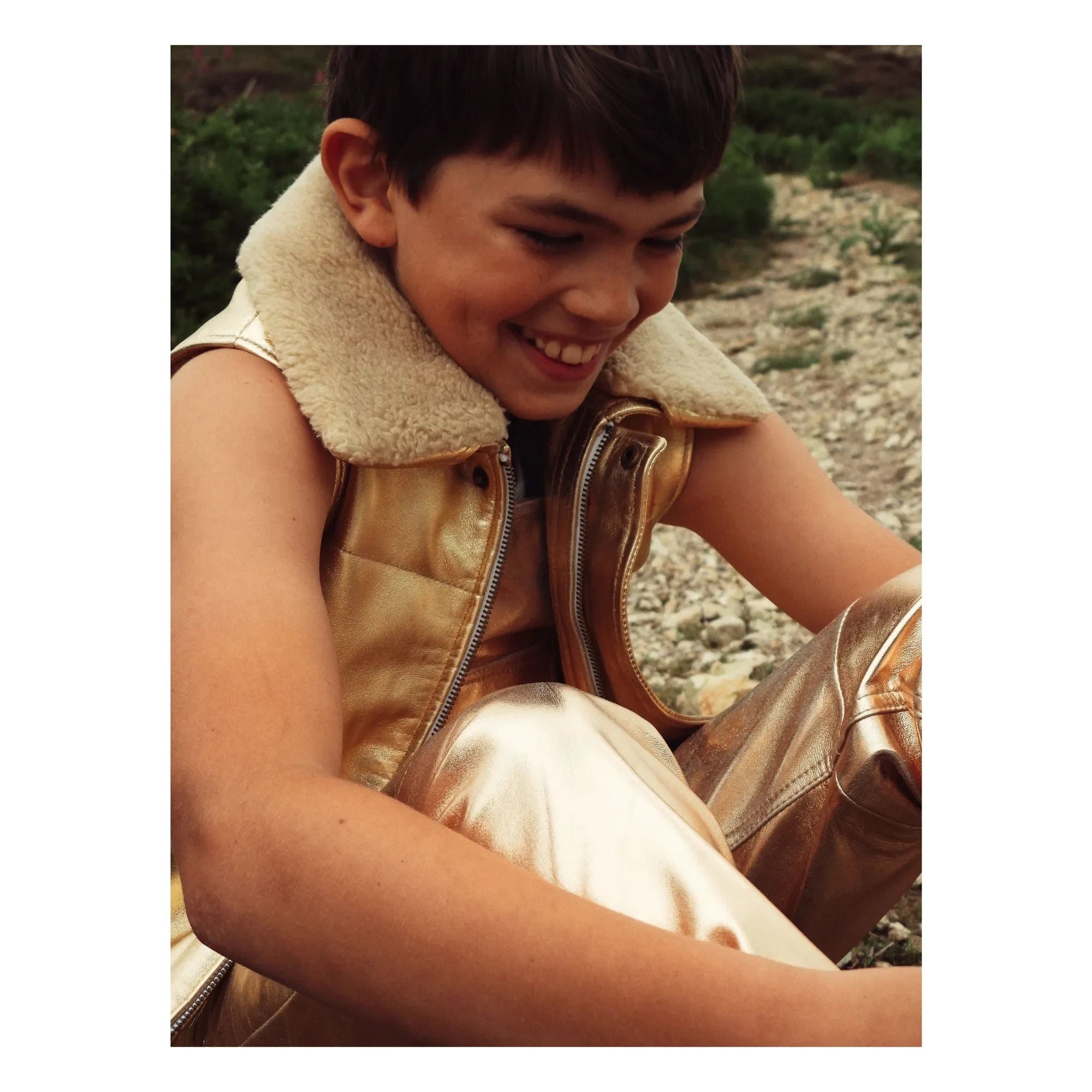 Fille Garçon - Metallic Sherpa Collar Sleeveless Jacket | Gold