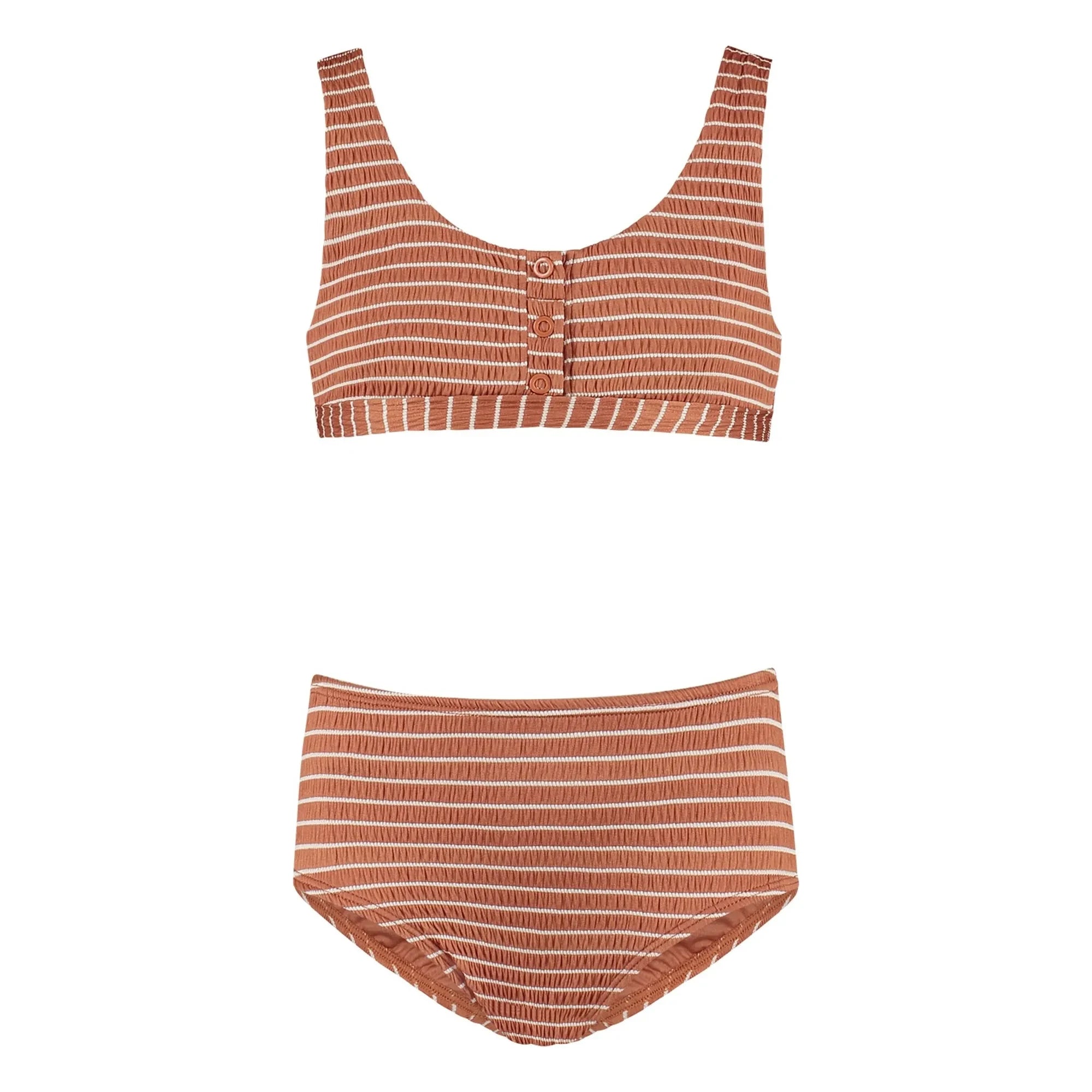 Beachlife - Recycled Fiber Striped Buttoned Swimsuit | Caramel
