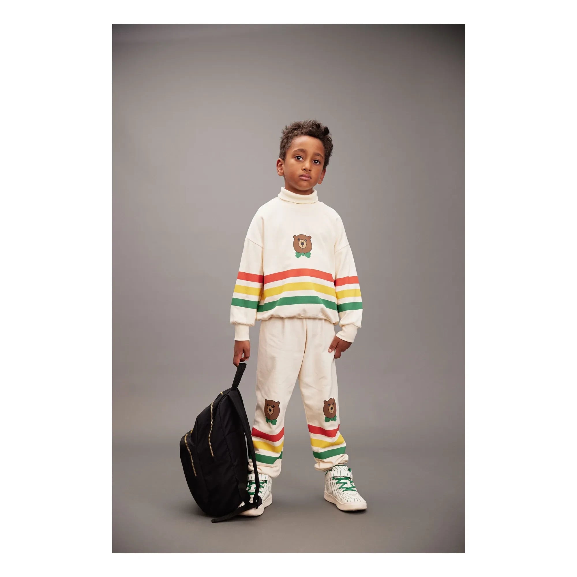 Mini Rodini - Organic Cotton Striped Bear Joggers | Ecru