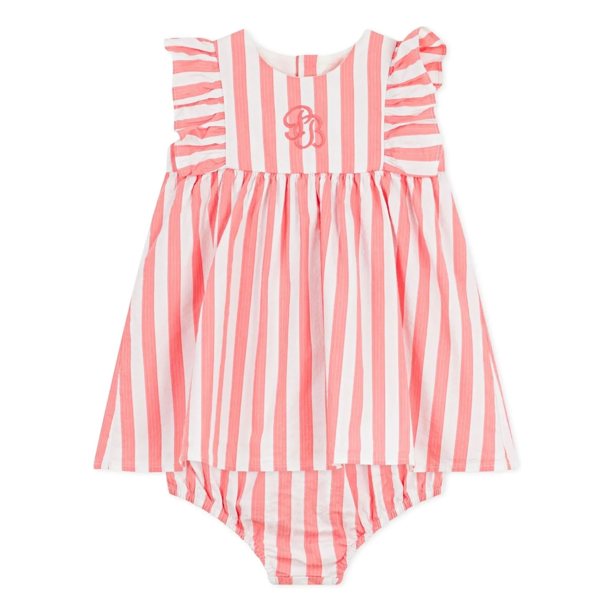 Petit Bateau - Striped Seersucker Organic Cotton Dress & Bloomer Set | Coral