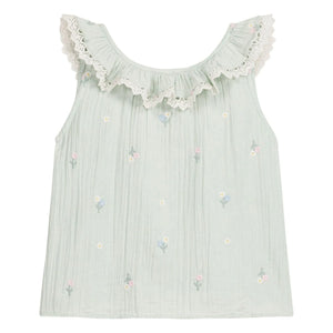 Louise Misha - Zelina Floral Pattern Organic Cotton Ruffled Top | Almond Green