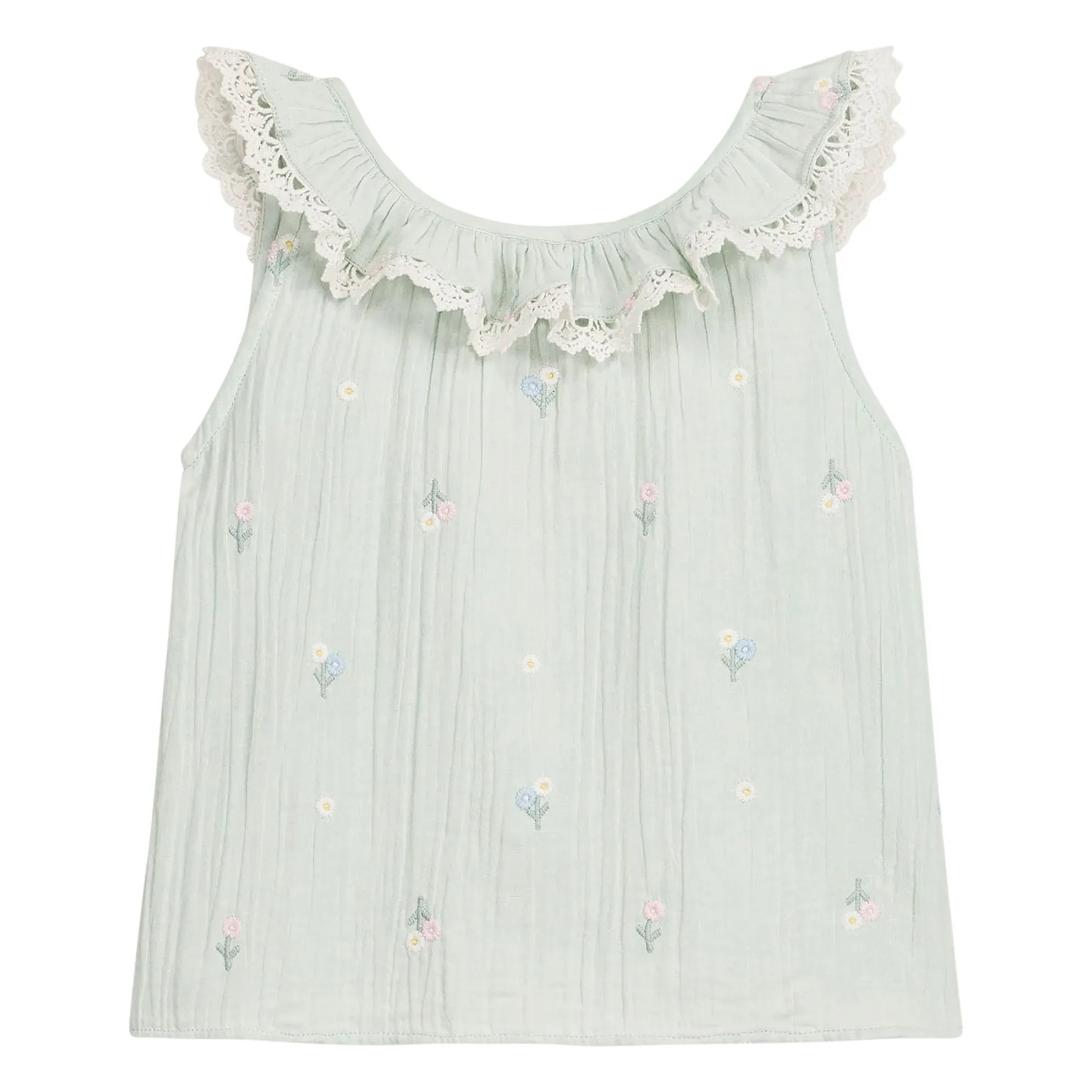 Louise Misha - Zelina Floral Pattern Organic Cotton Ruffled Top | Almond Green